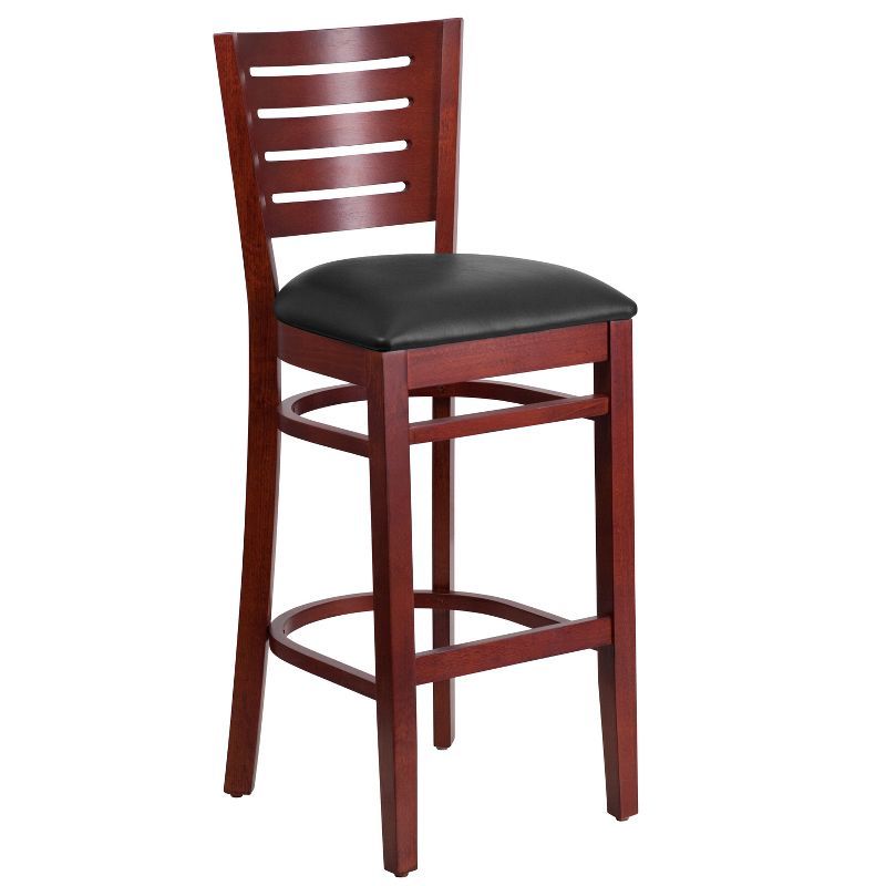 Mahogany Wood and Black Vinyl Slat Back Barstool