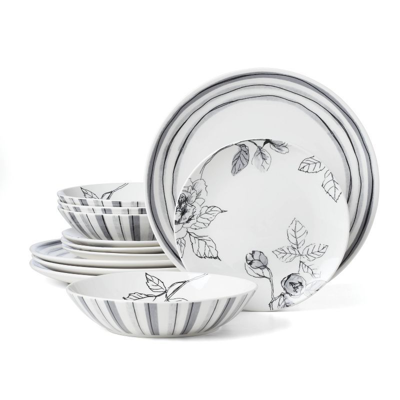 Gray and White Floral Porcelain 12-Piece Dinnerware Set