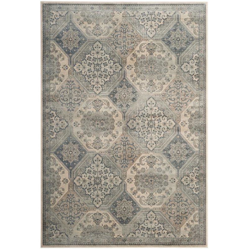 Vintage Cream and Blue Rectangular Wool Area Rug