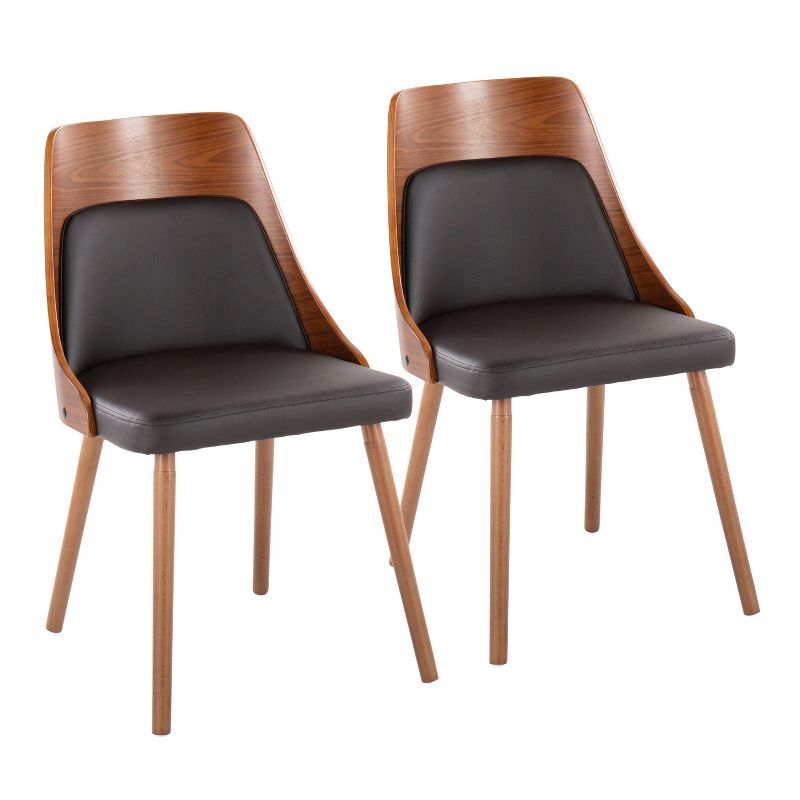 Anabelle Walnut Wood and Brown Faux Leather Side Chair Set