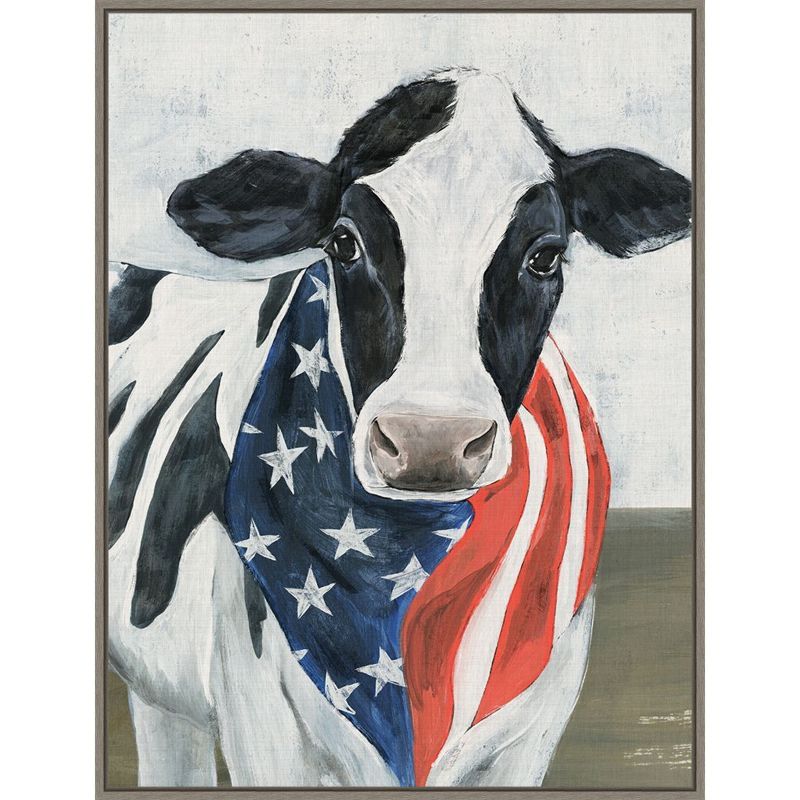 Patriotic Cow with American Flag Canvas Framed Wall Art