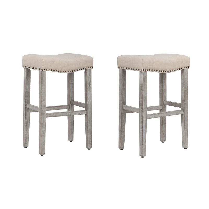 Beige Upholstered Saddle Seat Bar Stools, Set of 2