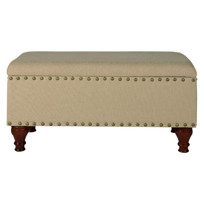 Elegant Tan Upholstered Storage Bench with Nailhead Trim and Wood Legs