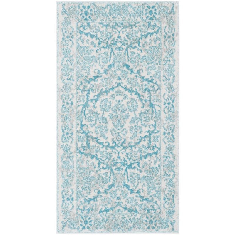 Ivory and Light Blue Rectangular Synthetic Area Rug