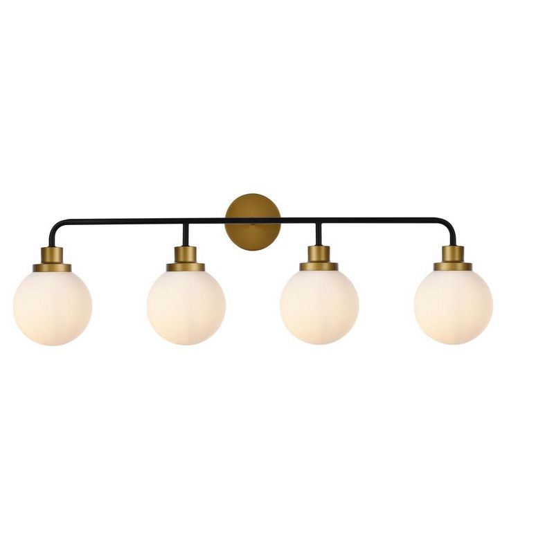 Elegant Hanson Dimmable 4-Light Bath Sconce in Black and Brass with Opal White Shade