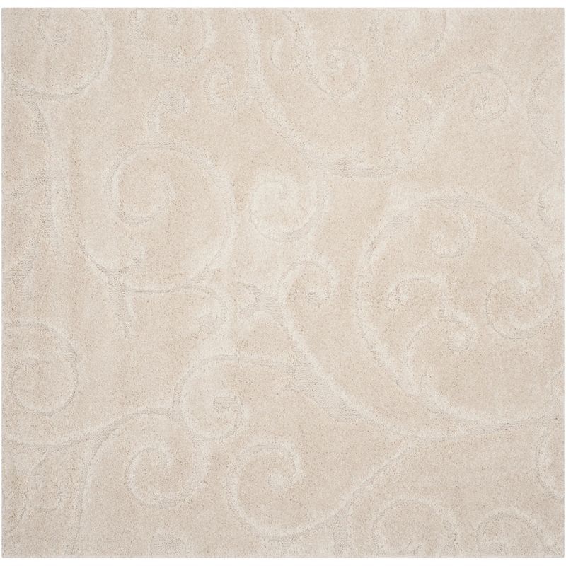 Cream 4' Square Shag Area Rug with Vine Design