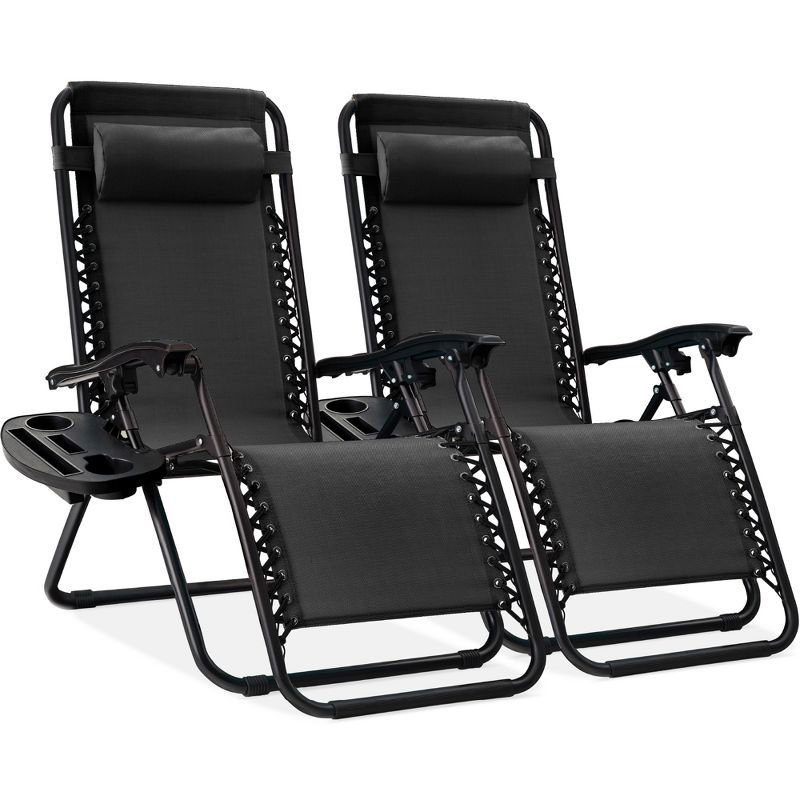 Set of 2 Black Steel Mesh Zero Gravity Recliners with Cup Holder