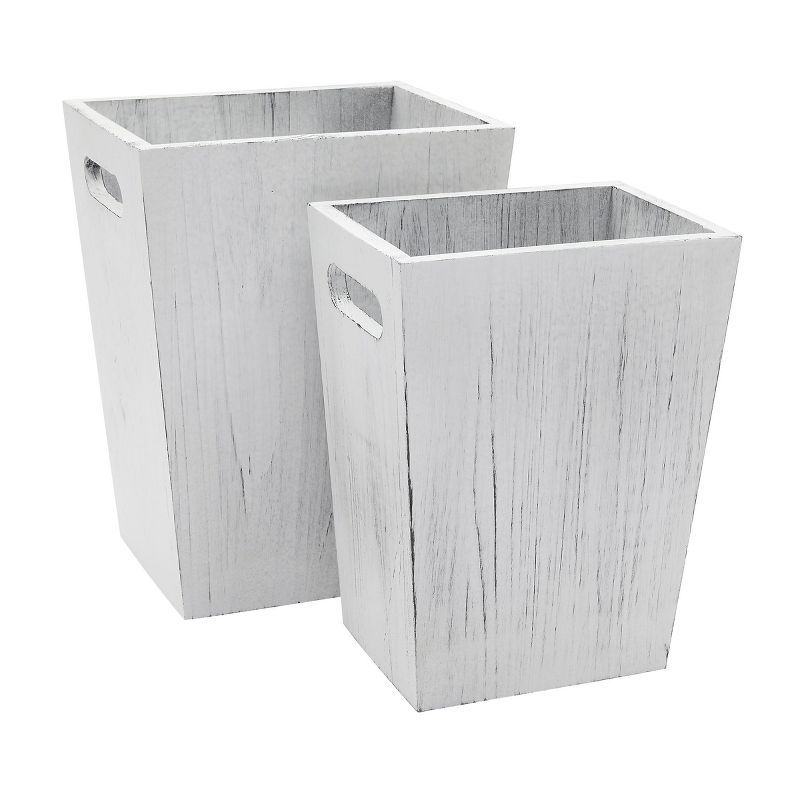 White-Washed Wooden Rustic Trash Can Set with Handles