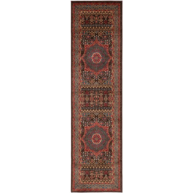 Red and Navy Synthetic Persian Style Runner Rug