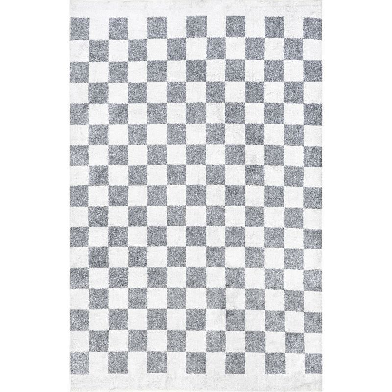 Blue and White Checkered Washable Synthetic Area Rug, 4x6