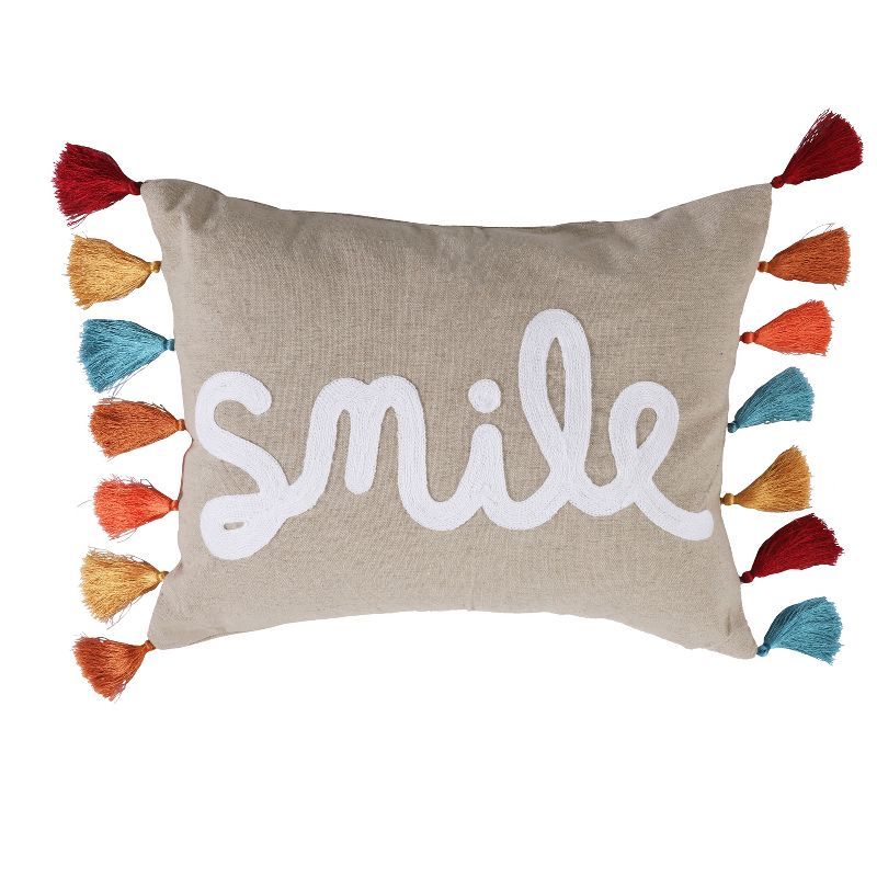 Natural Beige Embroidered Smile Rectangle Throw Pillow with Tassels