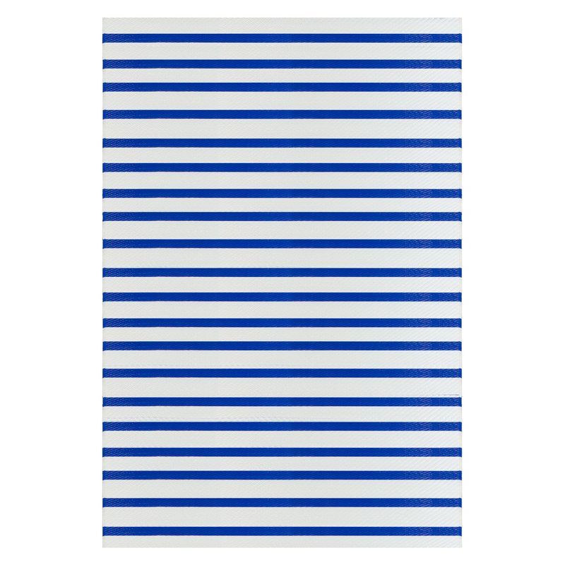 4' x 6' Blue and White Striped Synthetic Outdoor Rug