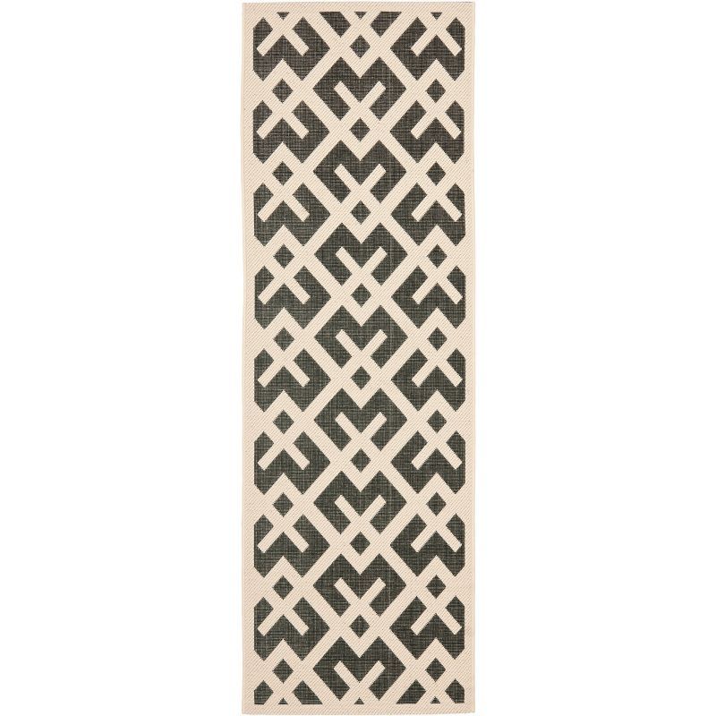 Black and Beige Geometric Synthetic Indoor/Outdoor Rug, 2'-4" x 14'