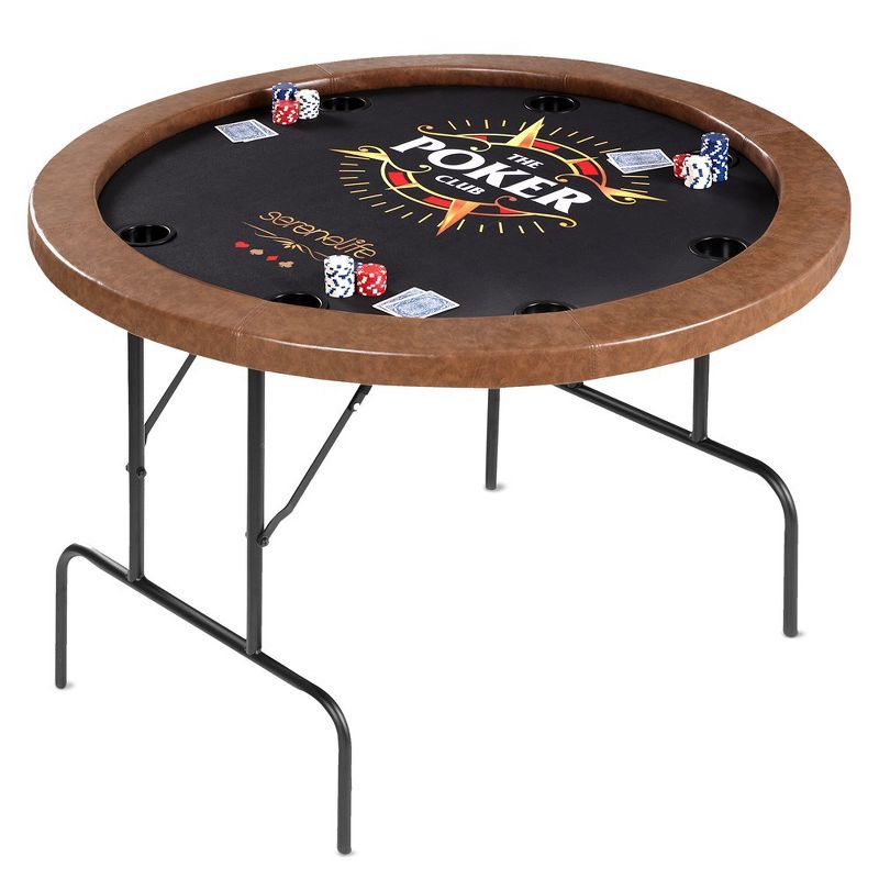 Brown Foldable 8-Player Round Poker Table with Cushioned Rail