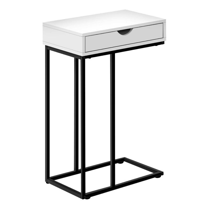 White and Black Metal C-Shaped Side Table with Storage Drawer