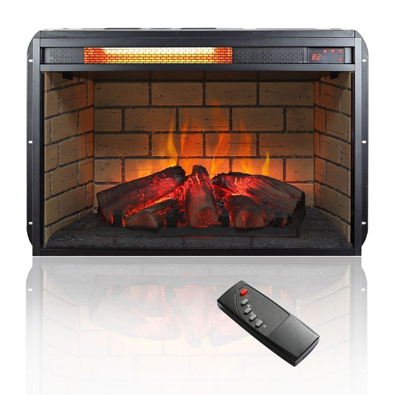 26-Inch Black Wood Electric Fireplace with Tempered Glass