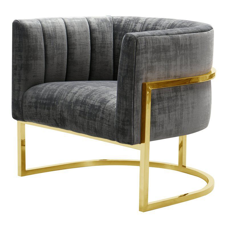 Grey Washed Velvet Accent Chair with Gold Metal Frame