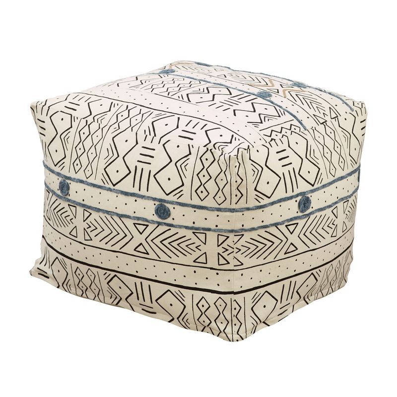 White Cotton Abstract Mudcloth Floor Pouf, 24" x 24" x 16"