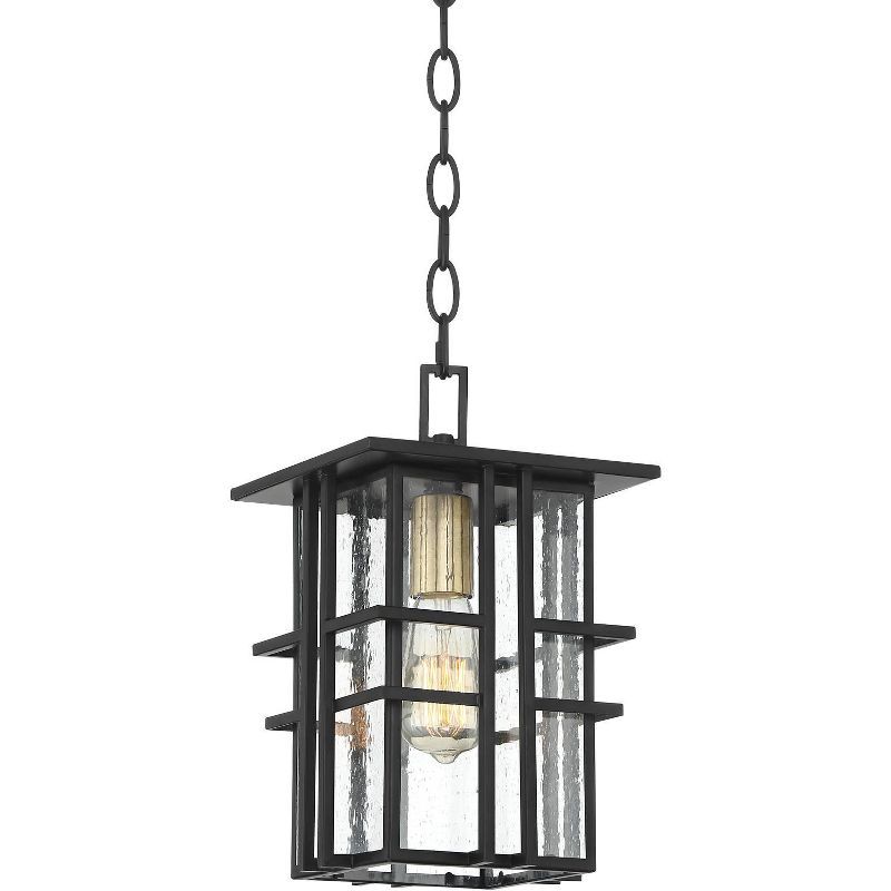 Black Geometric Frame Outdoor Hanging Light with Seedy Glass