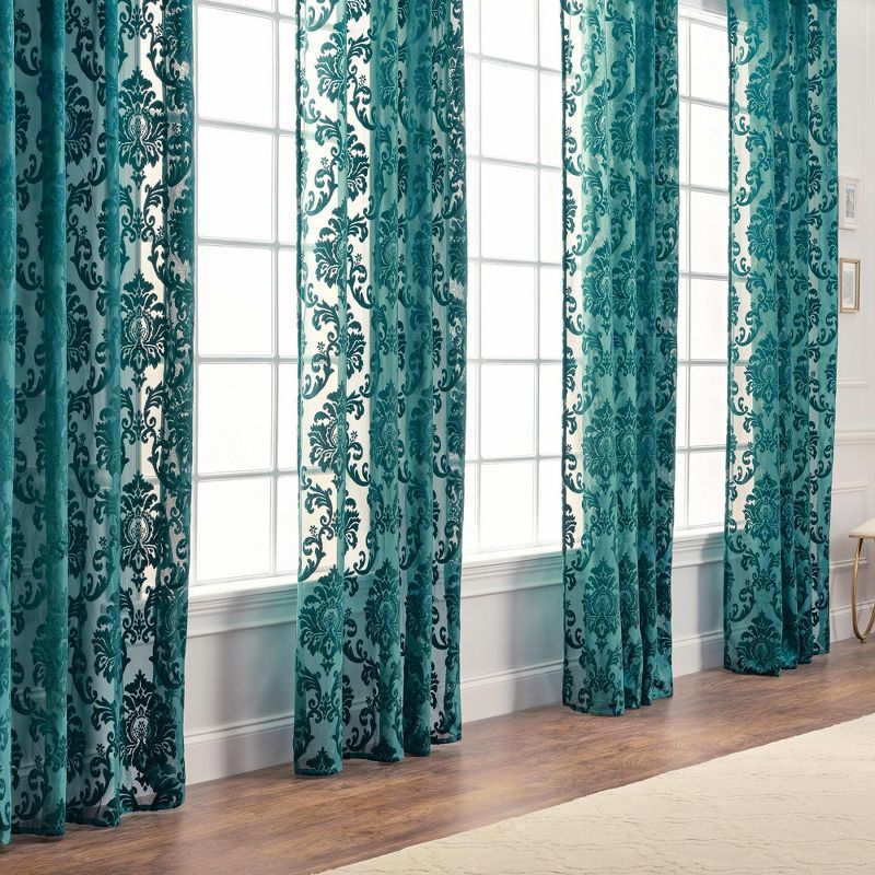 Teal Velvet Damask Sheer Grommet Curtain Panels, 52" x 63"