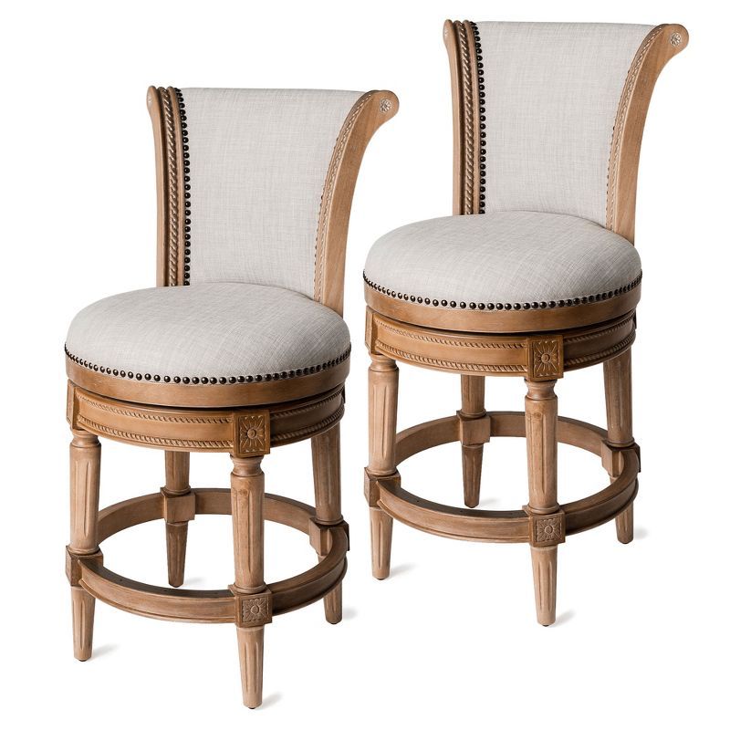 Weathered Oak Swivel Kitchen Stools with Upholstered Seats, Set of 2