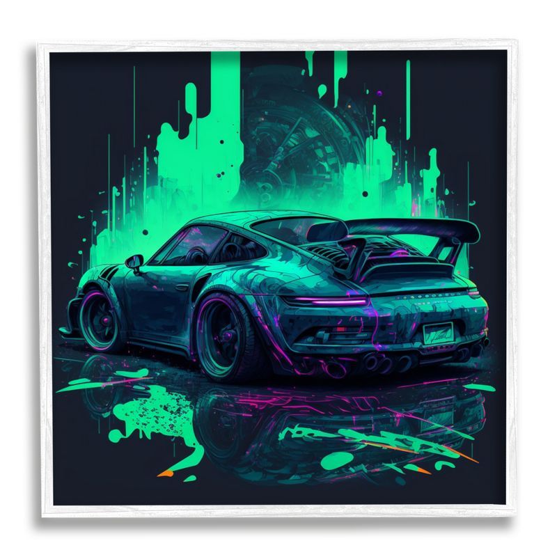 Urban Sports Car Neon Graffiti Canvas Print in White Frame