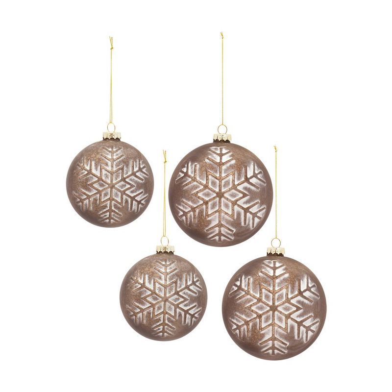 Rustic Brown Glass Snowflake Ball Ornaments Set of 4