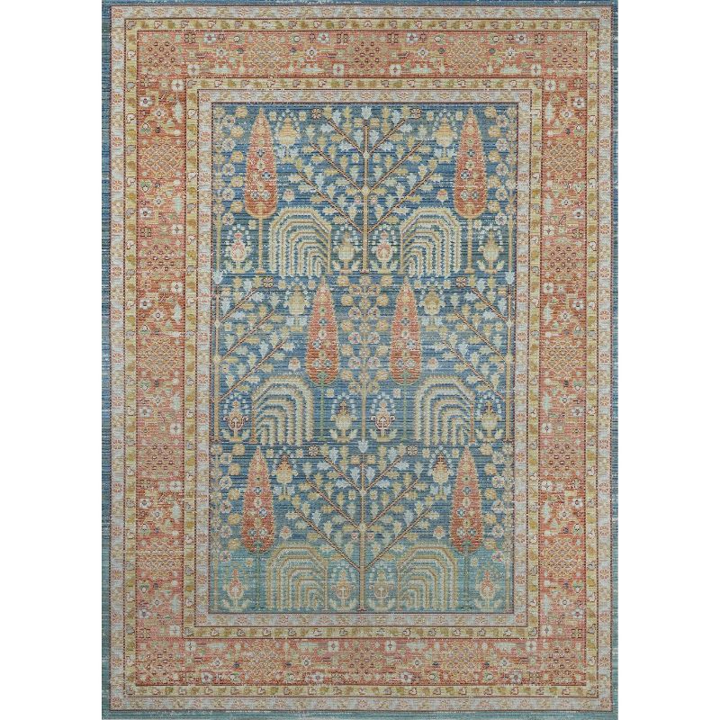 Isabella Bordered Blue Synthetic Area Rug 5'3" x 7'3"