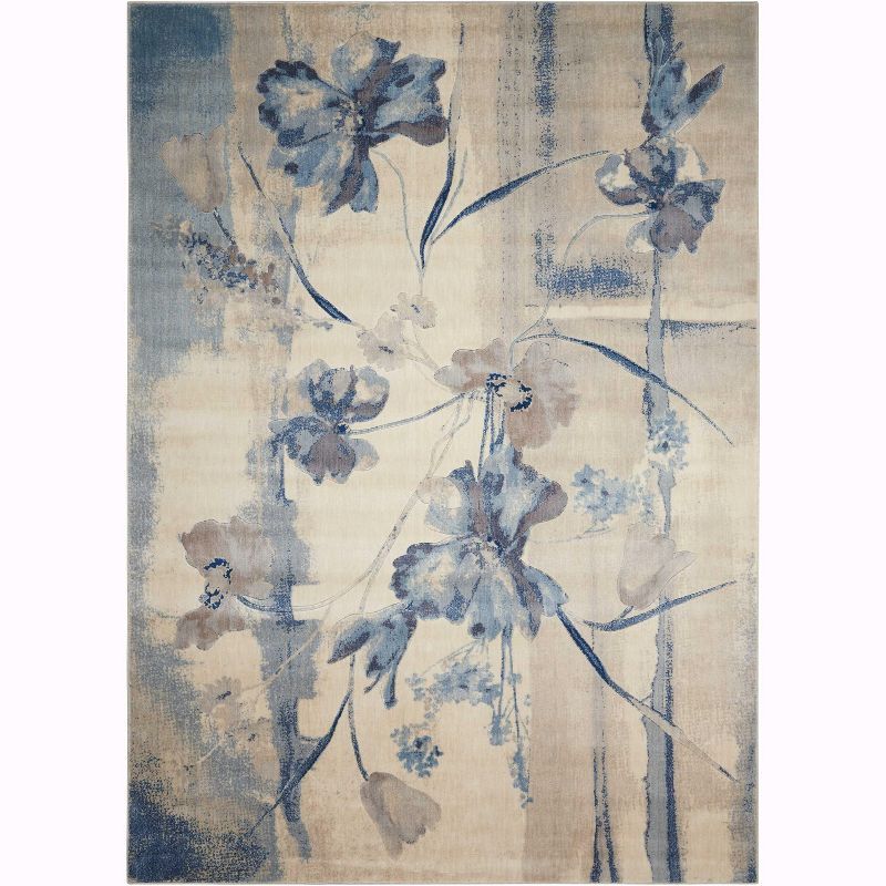 Ivory and Blue Floral Synthetic Rectangular Rug 9'6" x 13'