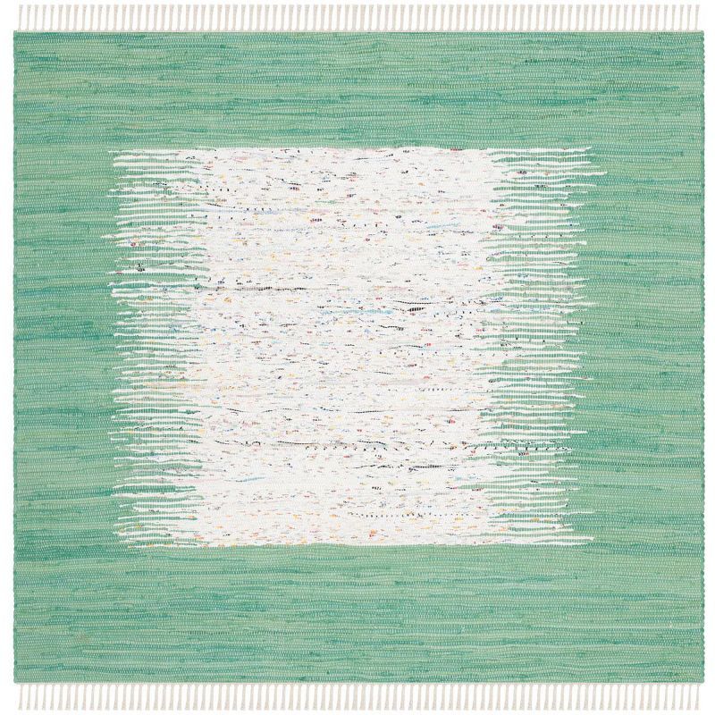 Ivory and Sea Green Handwoven Cotton Square Rug