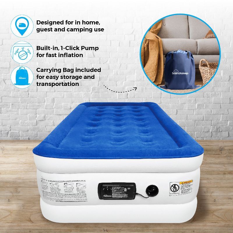 Twin Size Blue and White Raised Air Mattress with Built-In Pump