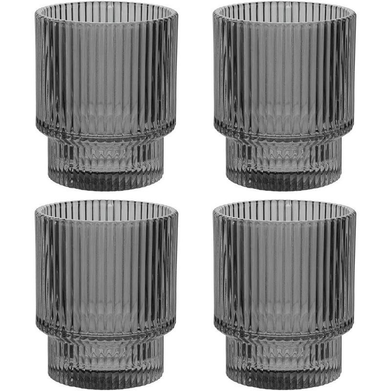 Smoke Grey Art Deco Fluted 9 oz Lowball Glasses Set of 4