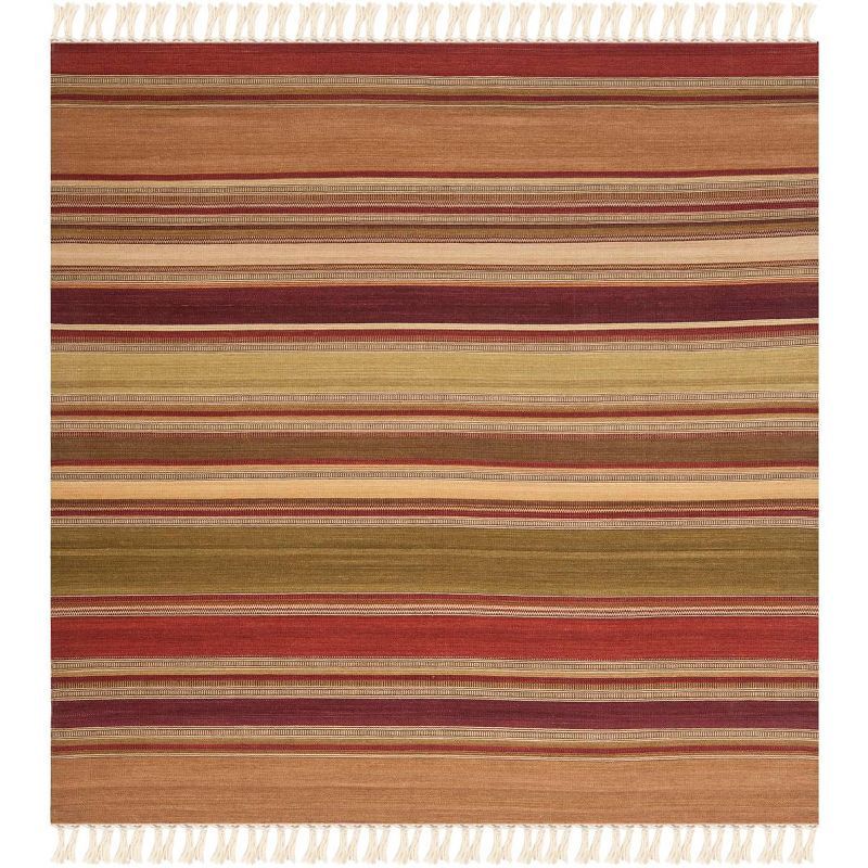 Handwoven Red and Multicolor Striped Wool Square Rug