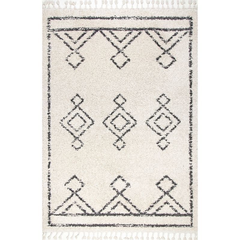 Off-White Synthetic Braided Shag Rug with Moroccan Tassels