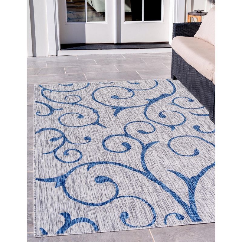 Gray and Blue Rectangular Outdoor Synthetic Rug