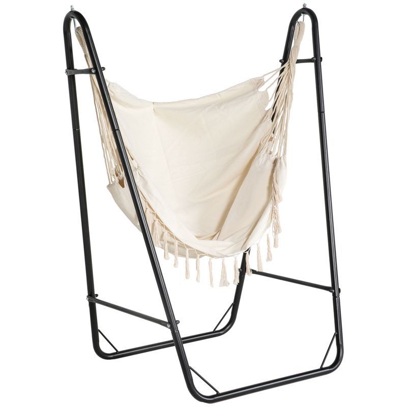 Cream White Hanging Chaise Chair with Cushions and Metal Frame