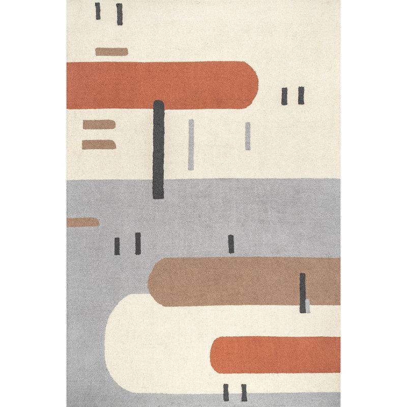 Handmade Red and Gray Wool Abstract Rectangular Rug