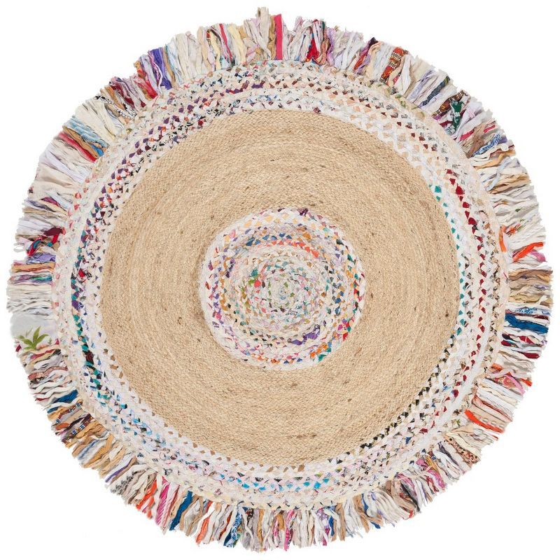 Ivory and Light Beige Round Wool Flat Woven Rug