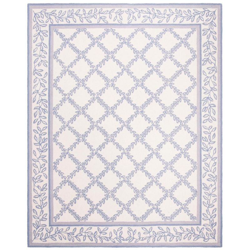 Ivory and Light Blue Hand-Hooked Wool Floral Area Rug, 10' x 14'