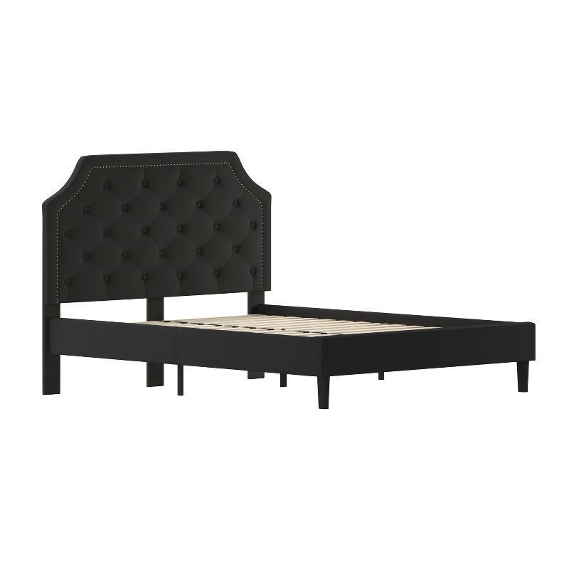 Elegant Queen-Sized Black Fabric Upholstered Bed with Nailhead Trim