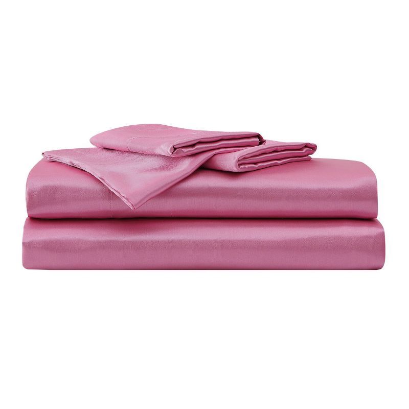 Twin Pink Satin Microfiber Sheet Set with Matching Pillowcases