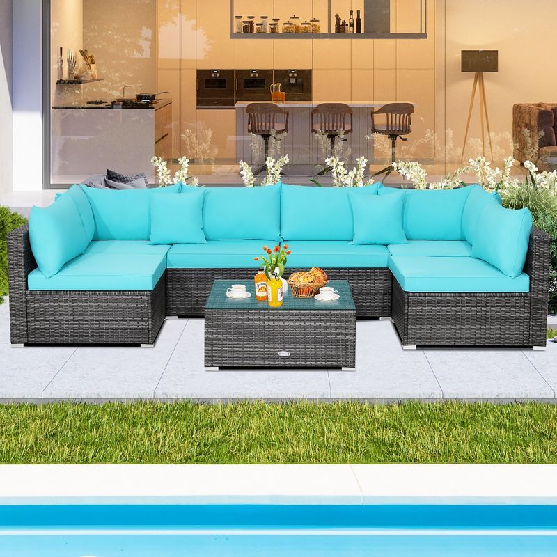 Turquoise Cushioned 6-Person Outdoor Rattan Sectional Sofa Set