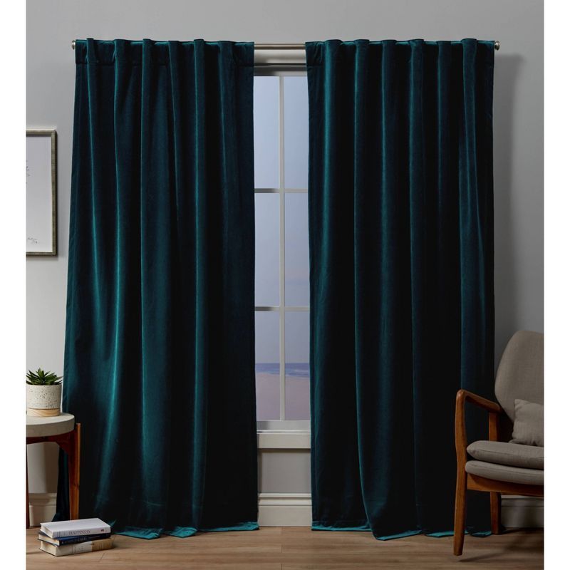Teal Velvet Light-Filtering Rod Pocket Back Tab Curtain Panels, 52" x 84"