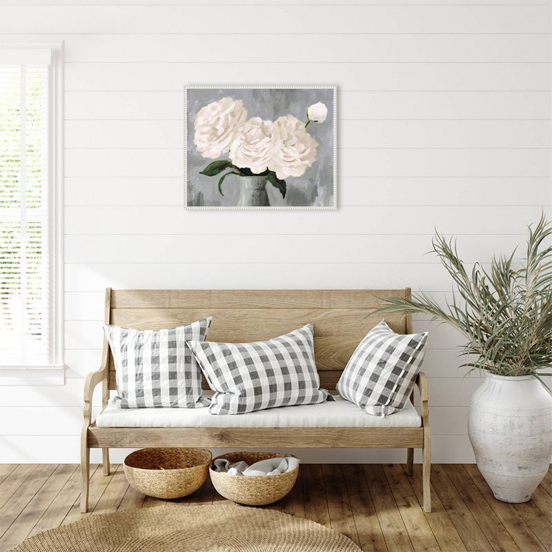 White Peonies in Gray Vase Framed Canvas Wall Art