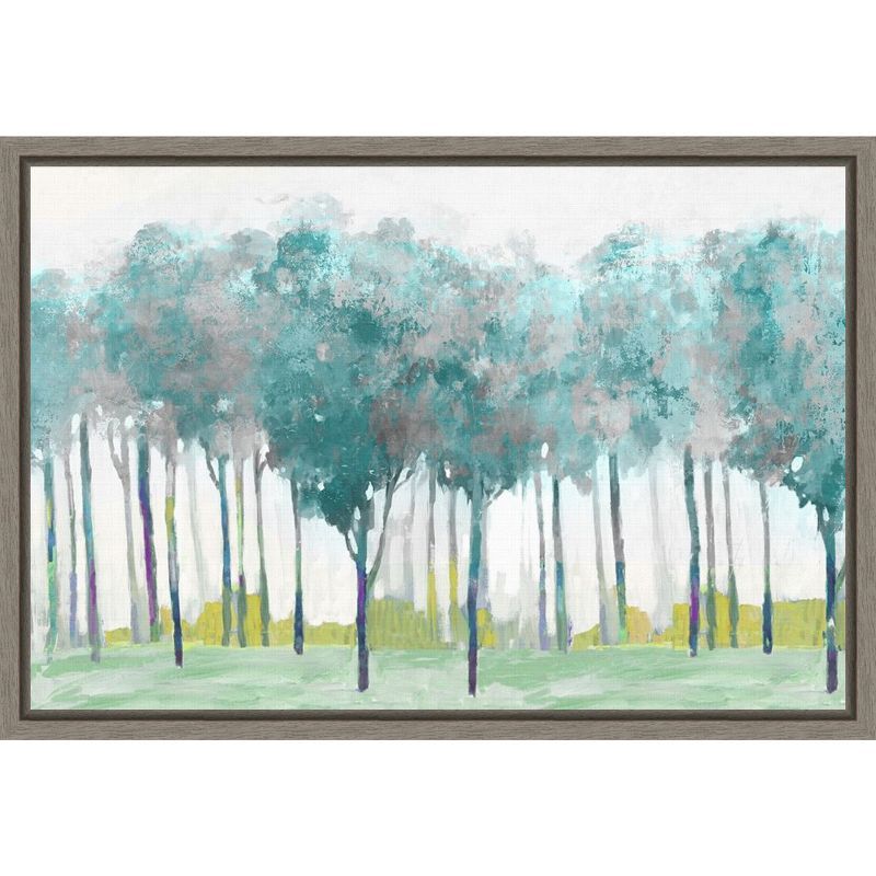 Teal and Silver Watercolor Trees Canvas Print with Gray Frame