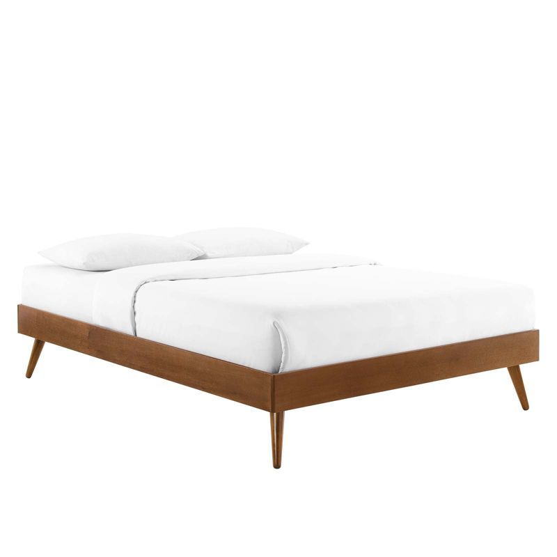 Mid-Century Walnut Wood King Platform Bed with Upholstered Headboard