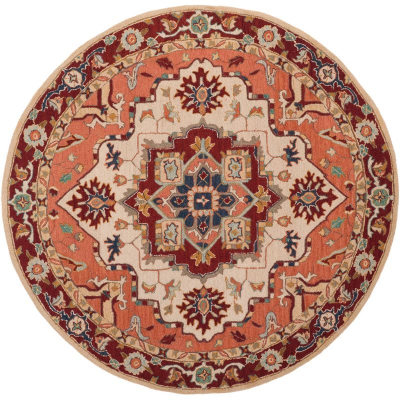 Hand-Knotted Red and Ivory Floral Wool Round Area Rug