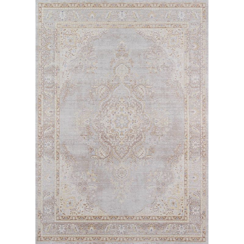 Rectangular Gray Medallion Stain-Resistant Synthetic Rug