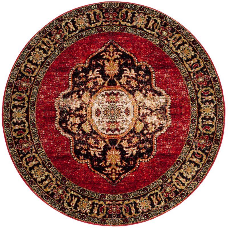 Vintage Red and Multi Round Synthetic Area Rug