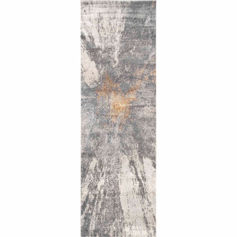 Silver Abstract Non-slip Stain-resistant Runner Rug, 32" x 4"